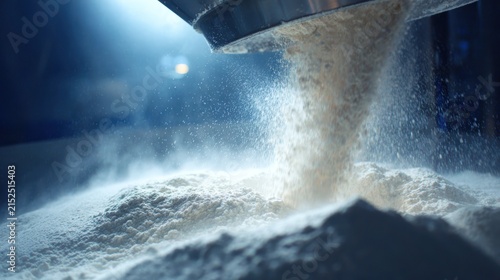 Flour pouring from a large industrial sifter into a storage bin. Food supply concept for commercial production.