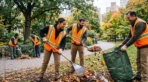 A group of park workers wearing high-visibility vests diligently cleans up fallen autumn leaves in a park, with a backdrop of trees showcasing vibrant fall colors and city buildings in the distance.