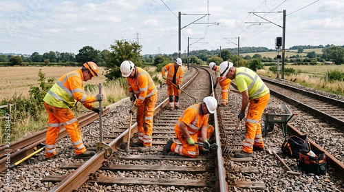 Construction crew works on railway tracks under a clear sky, displaying dedication to their job in a sunny outdoor environment.