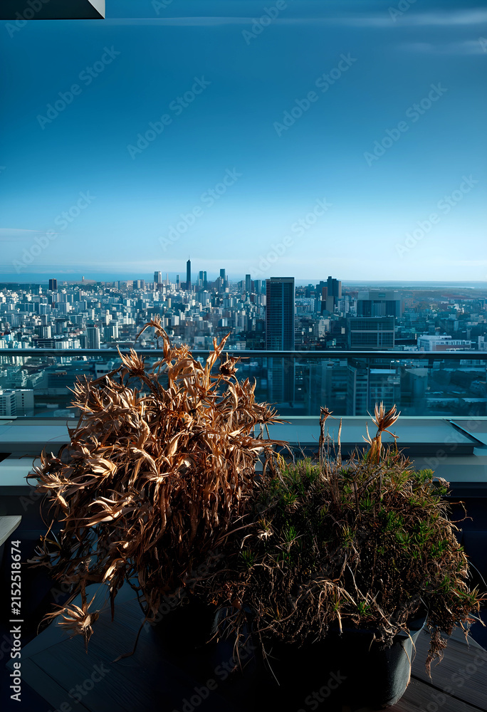 Fototapeta premium Rooftop garden with potted plants overlooking a modern city skyline under a clear blue sky, Tall buildings and skyscrapers stretch across the horizon under a clear blue sky