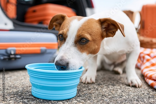 Small terrier drinking from blue collapsible bowl beside luggage and car outdoors, ideal for pet hydration, road trips, dog travel, summer safety and animal care.