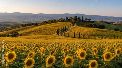 Panoramablick über ein goldenes Sonnenblumenfeld in der Toskana mit Zypressenallee und Landhaus. Weite Hügellandschaft im warmen Abendlicht als stimmungsvolles Reisebild Italiens.
