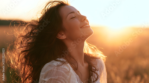 A backlit portrait captures a serene, smiling woman with her eyes closed, basking in a beautiful, sunset-filled moment in the fields