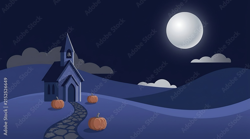 Fototapeta premium Spooky Halloween church landscape with full moon and pumpkins at night