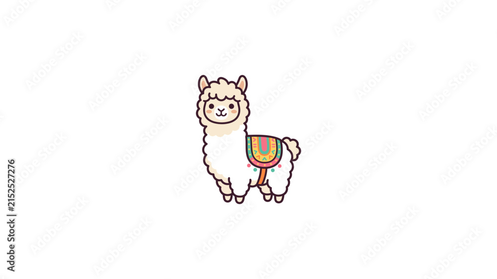 Obraz premium Adorable cartoon llama with decorative saddle on white background.