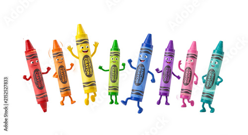 Row of cute anthropomorphic crayon characters standing and dancing together