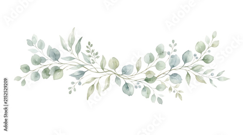 Decorative watercolor garland of eucalyptus leaves and branches, soft green foliage arrangement, isolated on a white background, botanical border isolated on a transparent background