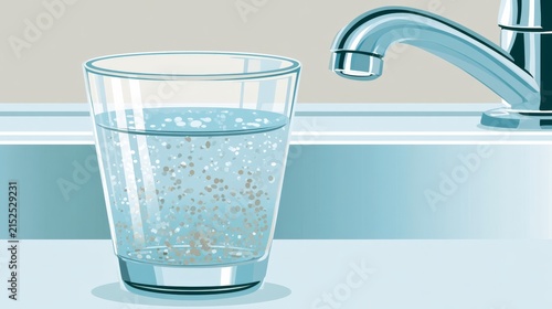 Water fills a clear glass on a kitchen counter while bubbles rise in the water from the tap