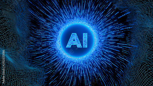 Artificial intelligence concept with a glowing AI text in a digital circle surrounded by dynamic blue light particles on a dark background