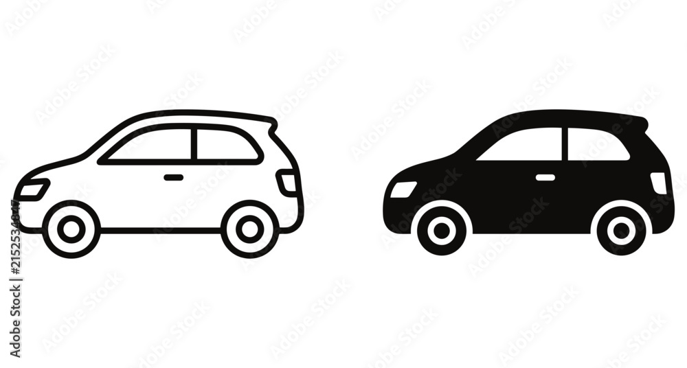 Fototapeta premium Small hatchback car icon set featuring outline and solid silhouette styles for automotive transportation design projects and mobile app interface elements