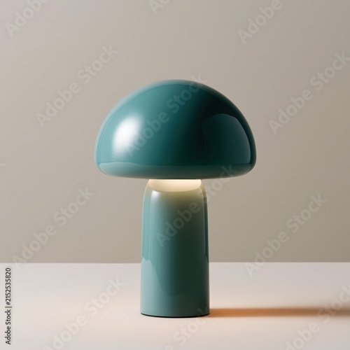 teal mushroom shaped lamp with soft glow, playful modern design object
