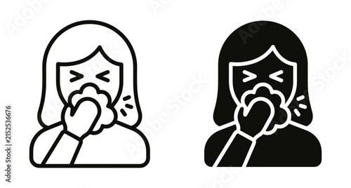 Woman sneezing into tissue icon set representing cold flu symptoms allergy sickness virus infection prevention hygiene healthcare medical sign symbol