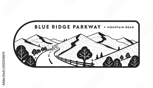 Very beautiful black and white realistic vector of a scenic mountain highway sign featuring Appalachian Mountains, autumn trees and winding roadway, BLUE RIDGE PARKWAY • MOUNTAIN ROAD, detailed linewo