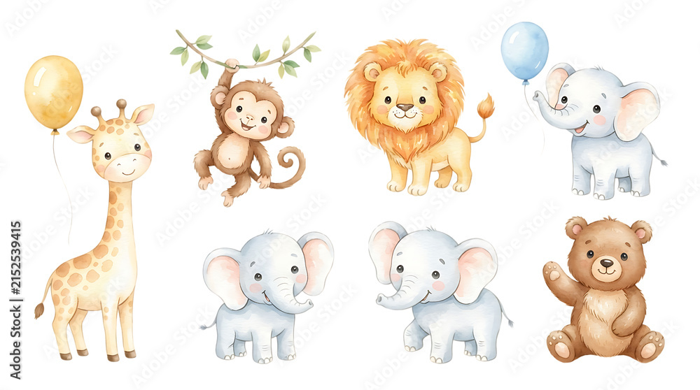 Obraz premium A set of cute watercolor baby animals including a giraffe, monkey, lion, elephant, and bear, , for nursery decor isolated on a transparent background