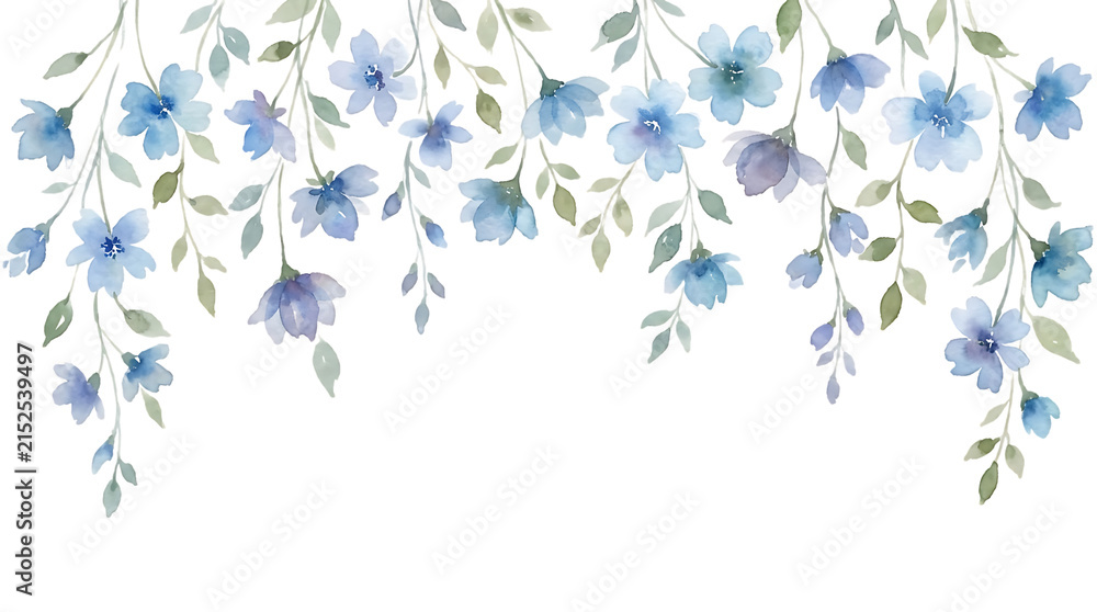 Fototapeta premium A hanging border of delicate blue watercolor flowers and green leaves, , for stationery, and frame isolated on a transparent background