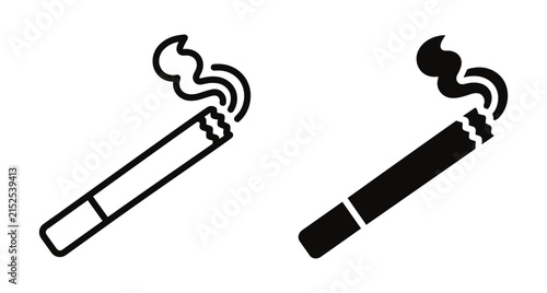 Cigarette icon set with burning tobacco and smoke clouds in outline and solid black styles for health or smoking concepts