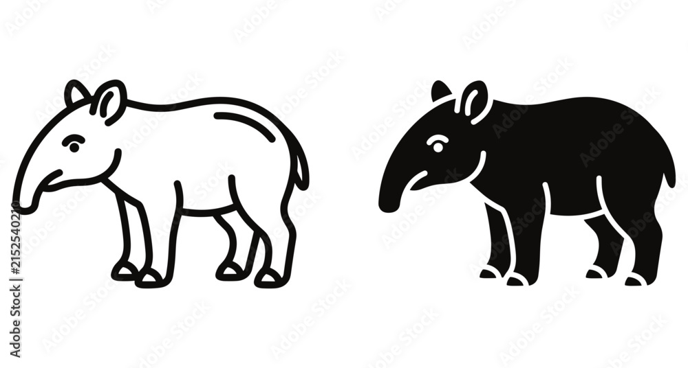 Obraz premium Tapir animal icon set featuring outline and solid silhouette versions of a wild mammal with a long snout and ears
