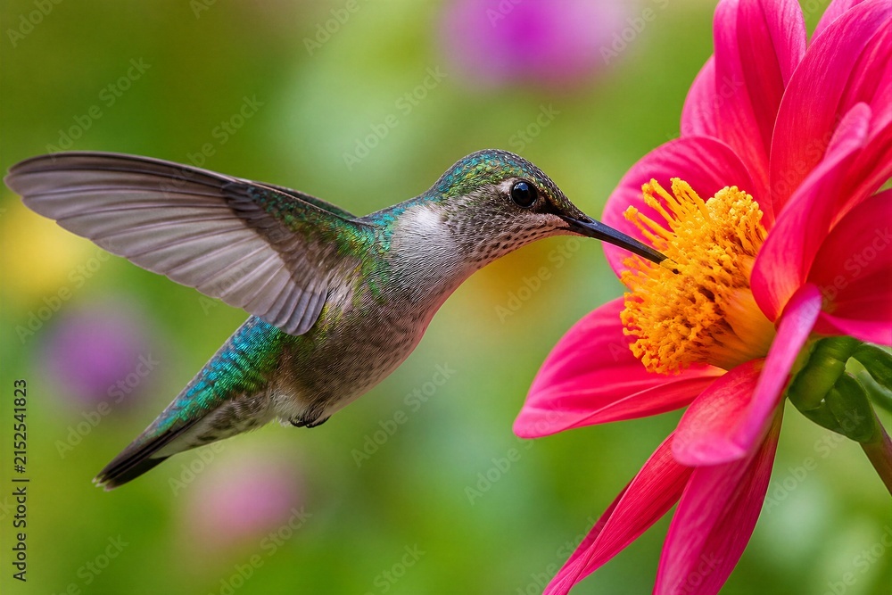 Naklejka premium Hummingbird feeding from bright pink flower in garden setting