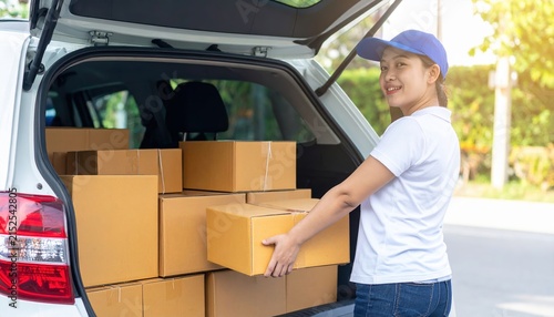 Courier loading packages into car, transportation concept