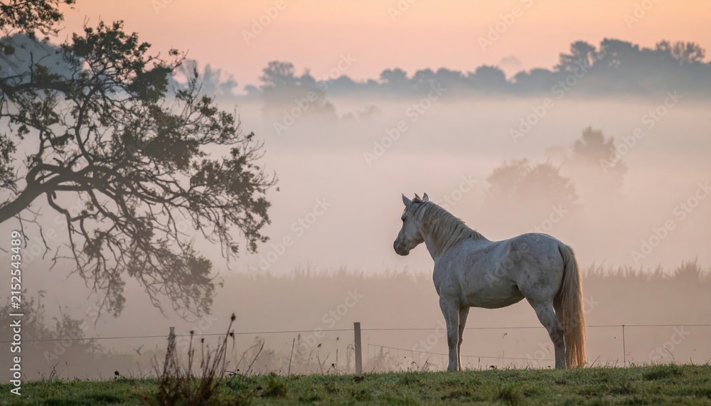 Naklejka premium white horse standing in morning fog