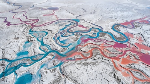Vibrant winding rivers flow through dry cracked salt flats creating a mesmerizing aerial contrast of bright turquoise and deep magenta