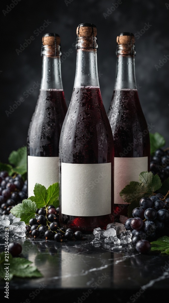 Obraz premium Premium Red Fruit Beverage Bottles with Black Grapes and Ice