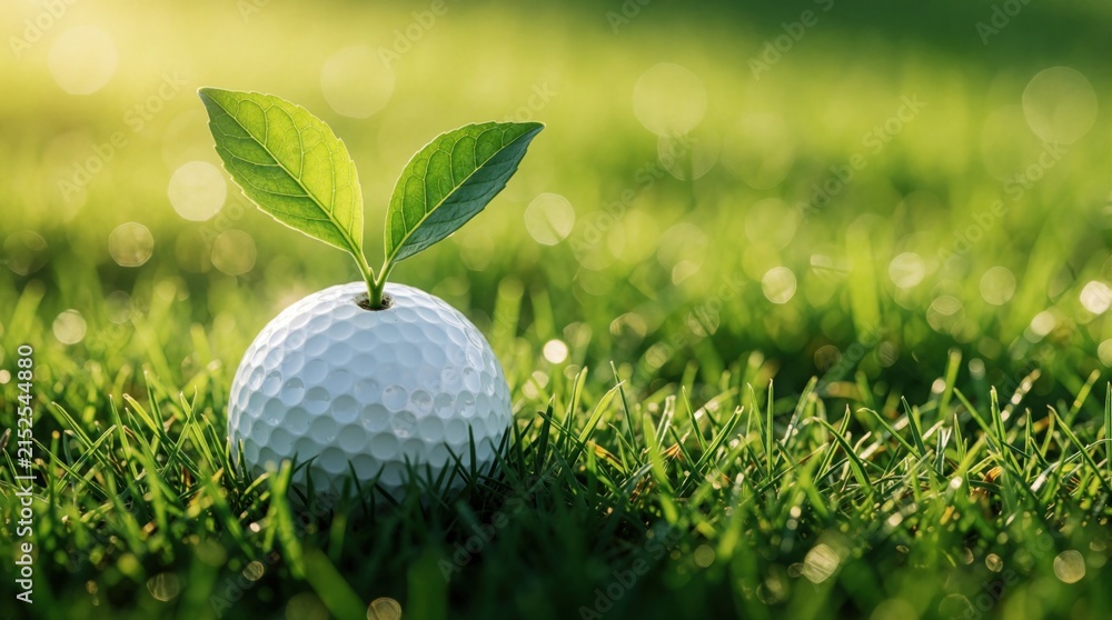 Naklejka premium Golf ball sprouts new green leaves on rich grass field at sunrise. Concept of growth renewal nature and sport sustainability ecology and future hope.