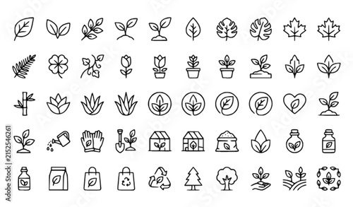 Leaves and Botanical Editable Line Icon Set – Nature, Garden and Eco Vector Collection