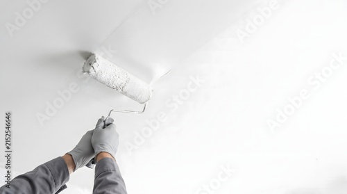 Painter Using Extension Roller To Paint White Ceiling. Macro Close Up Of Professional Interior Renovation, Wide Banner With Copy Space.