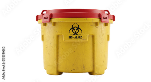 Konstfotografi Yellow biohazard waste container with red lid and biohazard symbol