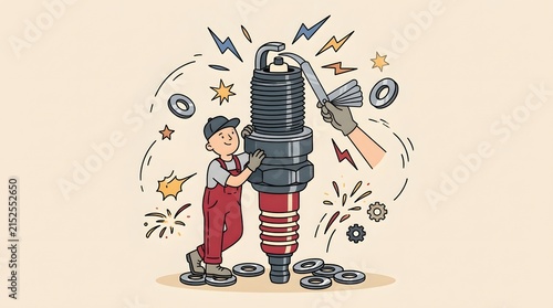 Mechanic adjusting auto spark plug gap with feeler gauge tool illustration for car engine service