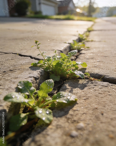Close-up of green weeds covered in sparkling dew drops growing in driveway cracks on concrete pavement at sunrise. Symbol of fresh hope and life.