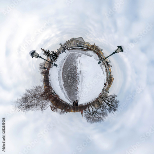Russia Moscow 07 February 2026. Alexander Garden with view of the Kremlin wall and Manege building covered with snow in winter. Famous Moscow park and historic architecture in city center