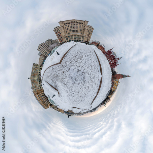 Russia Moscow 07 February 2026. View of Okhotny Ryad, the Kremlin, Four Seasons Hotel and State Historical Museum covered with snow. Historic buildings in central Moscow winter cityscape