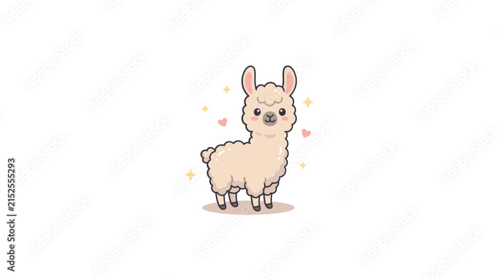 Obraz premium Cute cartoon alpaca with floating pink hearts.
