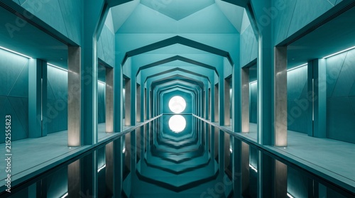 turquoise corridor leading to light
