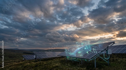 Solar panels with futuristic digital interface overlay on a cloudy day