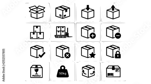 Shipping Icons Set Illustrating Packaging Types, Weight Limits, Handling Instructions, and Delivery Symbols for Logistics Concepts