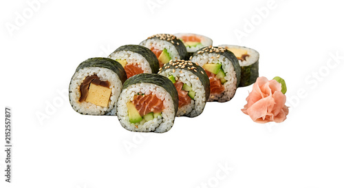 Assortment of fresh sushi rolls with salmon, avocado, cucumber, and tamagoyaki