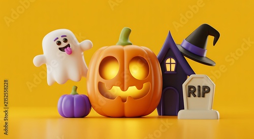 Cute 3d halloween composition featuring a glowing jack o lantern ghost witch hat and tombstone on orange background
