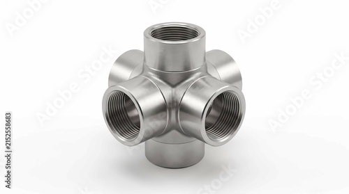 Industrial steel pipe cross fitting with threaded openings isolated on a clean white background studio shot