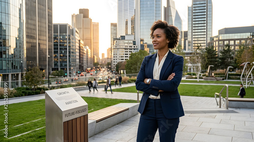 Professional woman with crossed arms stands outside office building as city sun sets behind glass.