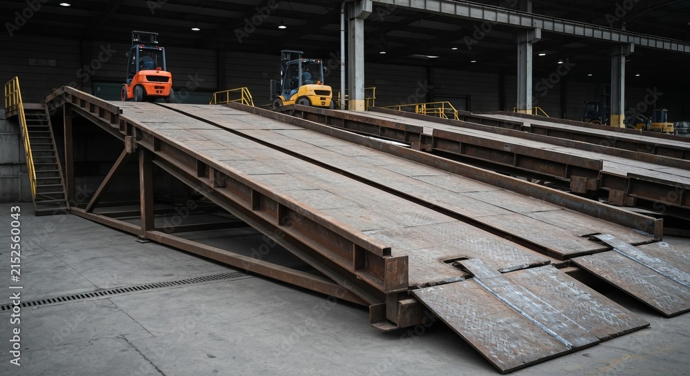 Obraz premium Industrial loading ramp, heavy-duty steel, forklifts, gritty textures