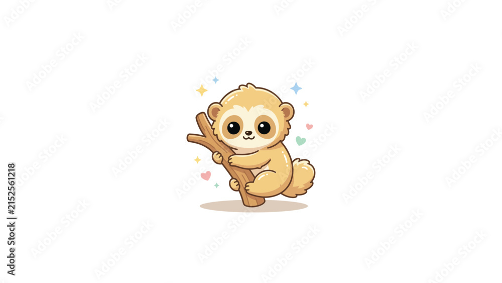 Fototapeta premium Cute kawaii sloth character holding a wooden branch.