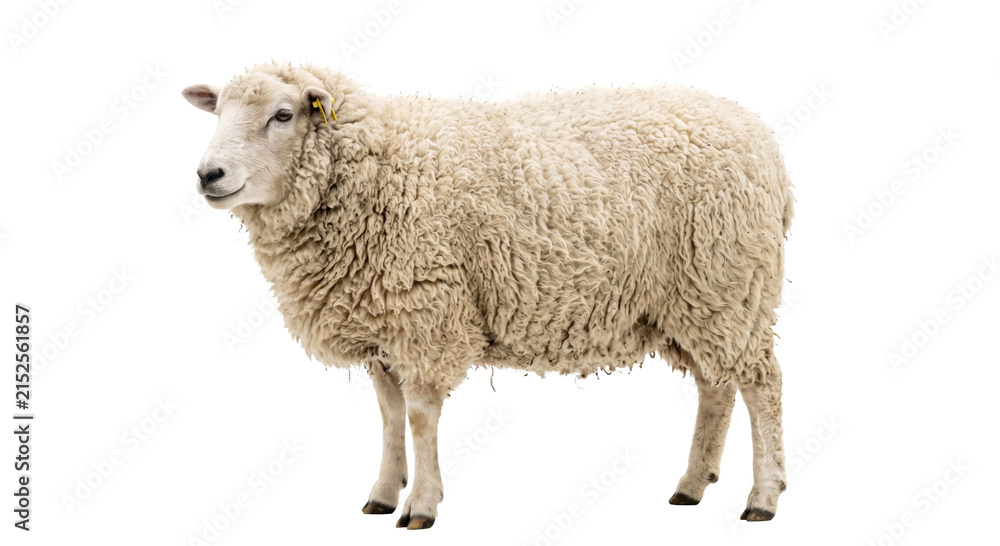 Obraz premium A fluffy white sheep stands isolated on a clean white background, showcasing its woolly coat