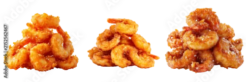Obraz  z motywem Set of Freshly fried shrimp piled neatly together, golden brown crispy exterior on transparent png background. Ai generated