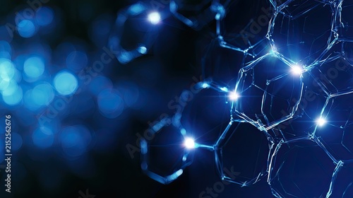 Glowing blue hexagonal molecular network against a bokeh background