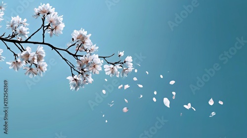 White cherry blossom branch with drifting petals on clear blue sky, minimalist spring floral background for wallpaper, card and decor.

