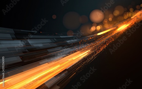 Glowing orange light streaks and particles against a dark, blurred background