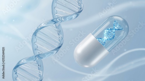 Dna helix floating with a medical capsule containing genetic material, representing gene therapy and precision medicine